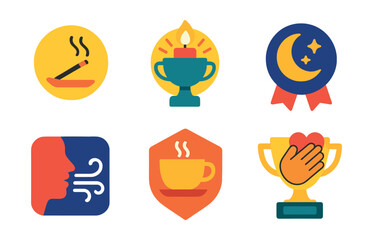 Flat vector icons of daily rituals: morning incense lighting badge, evening candle trophy, sunrise gratitude gesture medal, bedtime reflection ribbon, cleansing breath icon, tea offering badge,