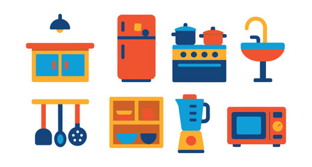 Flat vector icons of kitchen interiors: kitchen island, fridge with magnets, stove with pots, sink with faucet, hanging utensils, open cupboard, blender on counter, microwave with timer.