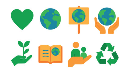 Flat vector icons of environmental awareness: green heart, save the planet, climate strike sign, earth care, nature hand, eco education, future generations, sustainability icon.