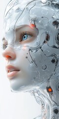 Close-up of Female Android with Pale Skin, Embedded Technology, Transparent Outer Shell, and Visible Mechanical Components