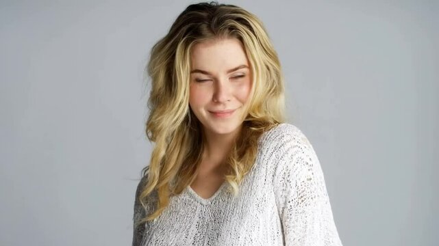 beautiful blonde woman with wavy medium age