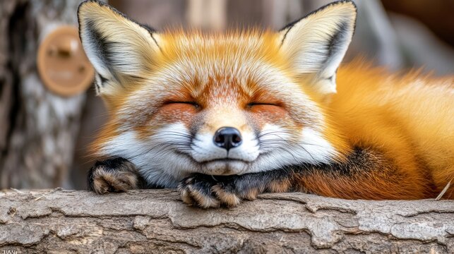 Sleepy red fox resting on log