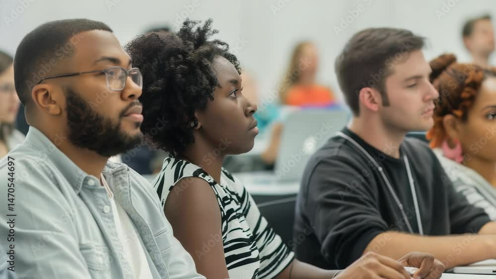 Poster students are shown in class, focused on a lecture. they are diverse, with various hair styles and cl