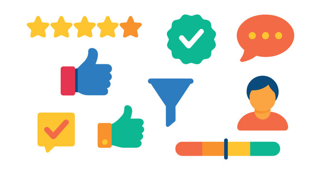 Flat vector icons of user reviews and feedback: star rating system, thumbs up icon, verified buyer badge, comment bubble, review sorting filter, “helpful” vote, reviewer avatar, satisfaction bar.