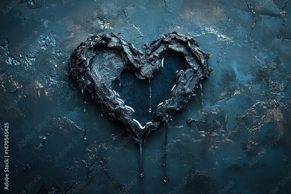 Leinwandbilder heart-shaped design made from textured dark material with paint drips on a rugged background capture