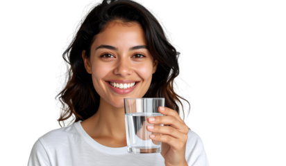 Happy Woman Enjoying a Glass of Water, Transparent Background