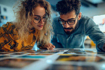 People reviewing photos together in office