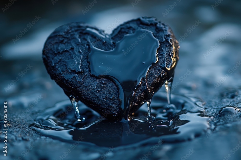 Fototapete Heart-shaped design made from textured dark material with paint drips on a rugged background captured in an artistic style