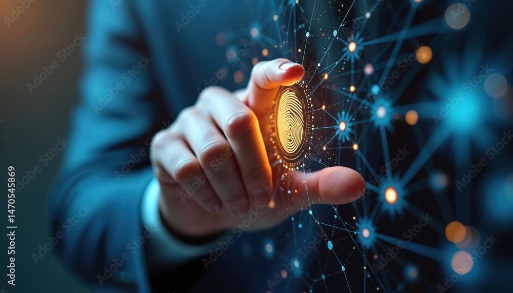 Poster businessman uses fingerprint scanning to unlock access to business information network. biometric id