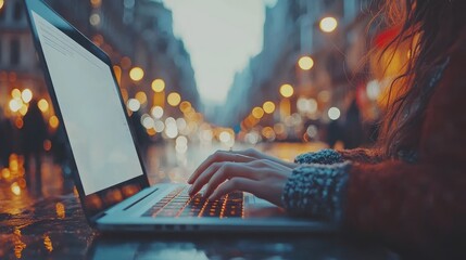 Woman typing on laptop at night in city.
