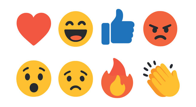 Flat vector icons of social media reactions: heart icon, laugh emoji, thumbs up, angry face, surprised emoji, sad reaction, fire symbol, clapping hands.