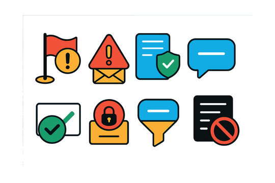 Flat vector icons of content moderation: flagged content, spam alert, community guidelines, deleted comment, content approval, restricted view, comment filter, blocklist.
