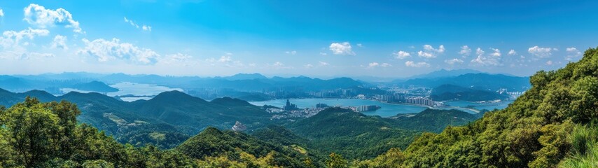 Expansive view of a valley nestled among mountains.