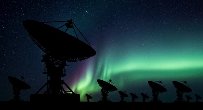 Space-themed scene with satellite dishes beneath northern lights.