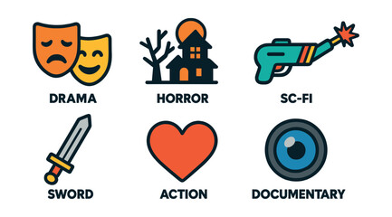 Flat vector icons of entertainment genres: drama mask, comedy icon, horror scene, sci-fi laser, fantasy sword, romance heart, action burst, documentary lens.