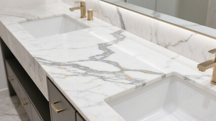 Luxurious bathroom design featuring marble countertop sink and gold faucet fixtures