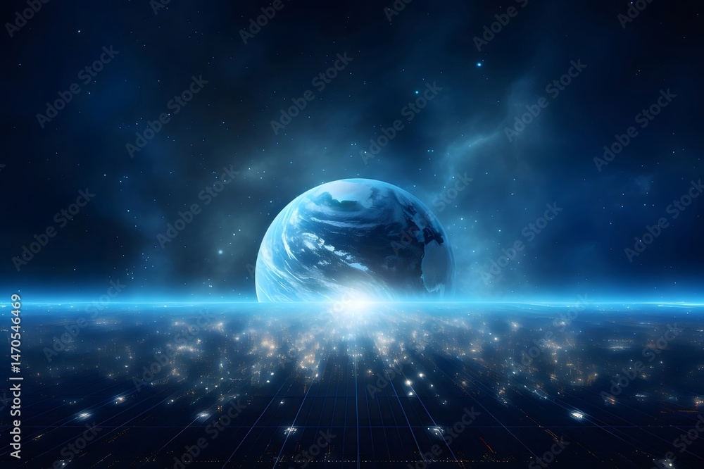 Aufkleber 夜空に浮かぶ輝く地球と明るい光のフレア効果を描いた未来的で抽象的なデジタルアート