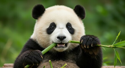 Obraz premium A charming panda cub munches on bamboo, embodying innocence and joy.