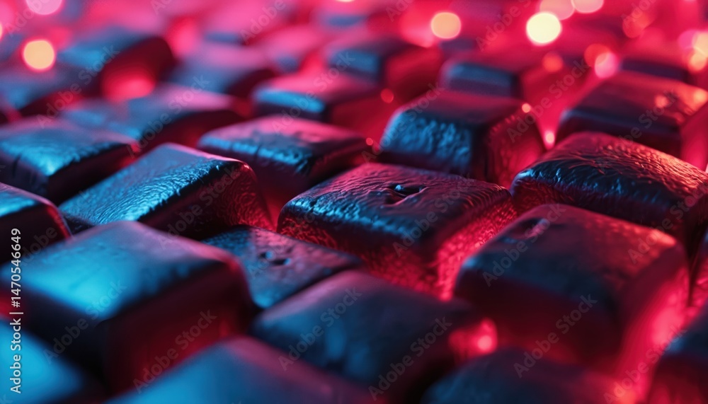 Poster abstract digital artwork features neon glowing lights, black cubes, futuristic technology backdrop. 