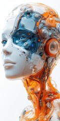 Humanoid Robot Head Profile with Visible Internal Mechanics and Blue Eyes, White Skin, Futuristic Technology and Orange Elements
