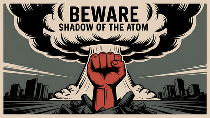 Nuclear Protest Art Illustration: Retro Atomic Explosion and Raised Fist in Dystopian Cityscape – Impactful Graphic Design for Awareness Campaign