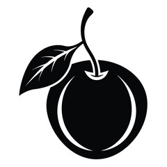 Isolated cherry symbol shows solid black fruit with stem and one leaf elegantly
