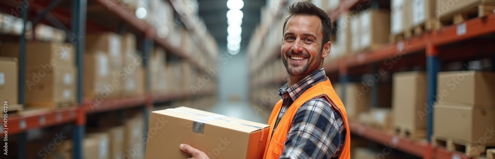 Poster Smiling warehouse worker with parcel shows teamwork and efficiency. Man in uniform holding box in distribution center. Logistic, storage, inventory, management and delivery operations in action.