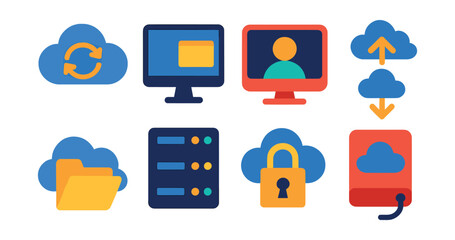 Flat vector icons of cloud and remote services: cloud sync icon, remote desktop interface, video call screen, file transfer cloud, cloud storage folder, server rack, encryption lock, online backup