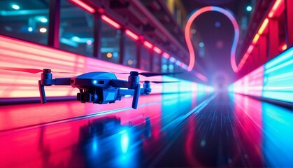 Futuristic drone flying down a vibrant neon-lit pathway, showcasing advanced technology against a colorful urban background, concept of technology startups or photography services