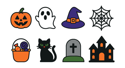 Flat vector icons of Halloween celebration: pumpkin, ghost, witch hat, spider web, candy bucket, black cat, tombstone, haunted house.
