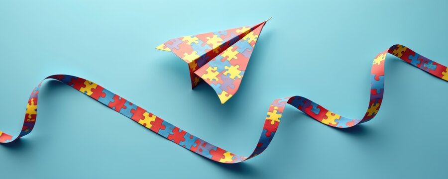 Origami paper plane in autism awareness colors against blue backdrop. Ribbon with puzzle pieces support for neurodiversity, children. Concept represents hope, flying, dreams, care, family,