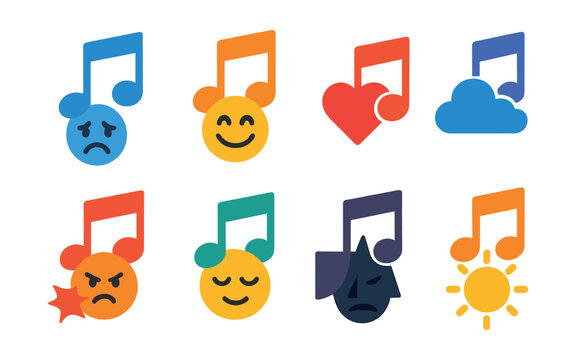 Flat vector icons of music emotion: sad song, happy tune, energetic beat, romantic ballad, chill vibe, dramatic score, calm melody, uplifting chorus.