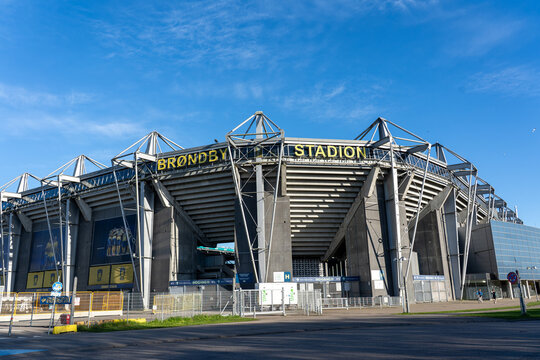 Brondby, Denmark - May 5, 2025: Exterior view of the Brondy stadium, home ground of the Danish Superliga club Brondby IF