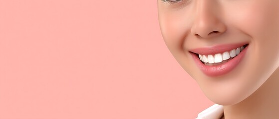 Fototapeta premium Close-up of Smiling Woman with Radiant Skin and Soft Pink Background