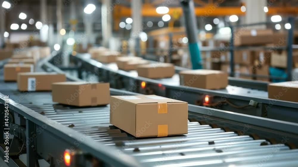 Poster Packages move along conveyor belts inside of a distribution center. The lighting is bright and the facility is large. This process makes distribution and logistics more efficient for the company.