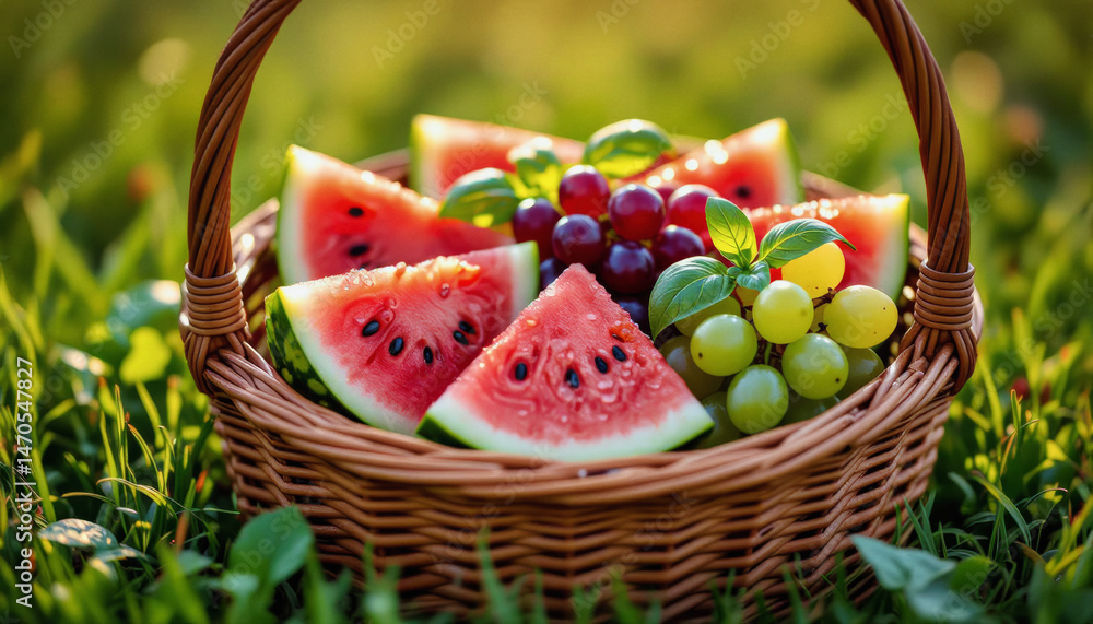 Poster a wicker basket overflows with vibrant slices of watermelon and clusters of grapes and green grapes,