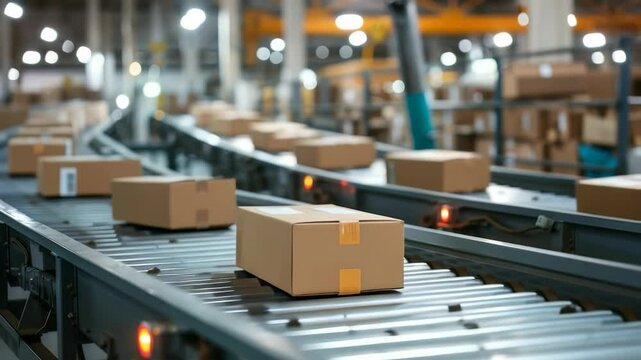 Packages move along conveyor belts inside of a distribution center. The lighting is bright and the facility is large. This process makes distribution and logistics more efficient for the company.