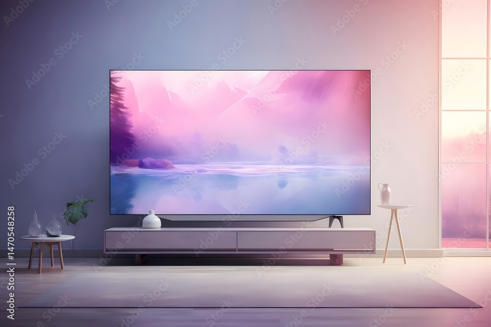 Poster ピンクと紫色の抽象的な風景が映るテレビのあるモダンなリビングルームのインテリア