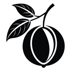 Silhouette of an abstract fruit on a branch with leaves in a black design