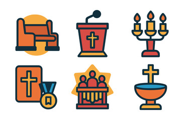 Flat vector icons of interior church elements: wooden pew badge, pulpit with mic trophy, altar table medal, candle stand ribbon, cross on wall icon, choir loft badge, pipe organ star, holy water font