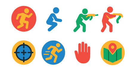 Flat vector icons of gaming actions: jump, crouch, shoot, reload, aim scope, sprint, interact hand, open map.