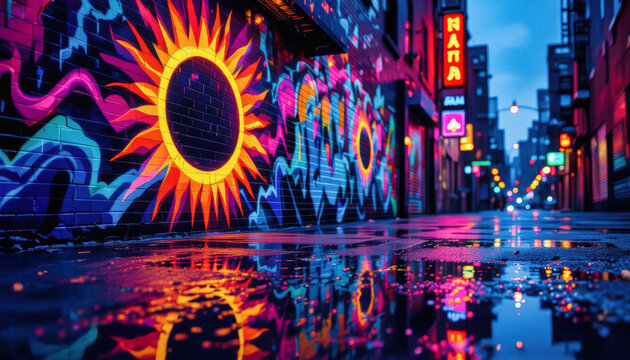 A vibrant, neon-lit alleyway showcases a striking sunburst mural reflected in a wet pavement, creating a surreal urban landscape. - Powered by Adobe
