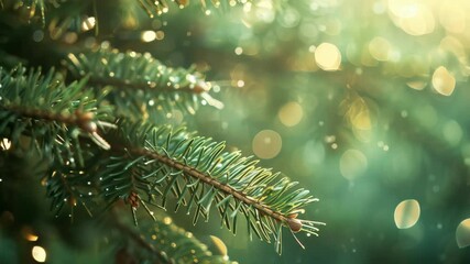 A detailed view of an evergreen branch with bokeh in the background creates a festive feel. The pine needles are lush and vibrant, casting a peaceful and serene mood. - Powered by Adobe