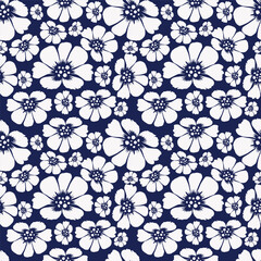 Seamless floral pattern, liberty ditsy print with small cute bouquets. Romantic botanical design with tiny hand drawn flowers, leaves on blue background. Trendy rustic print. Vector illustration.