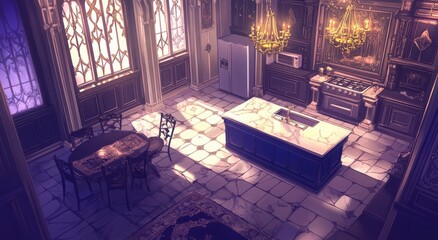 Luxurious, antique-style kitchen with a dining area, rich details, and sunlight filtering through stained-glass windows