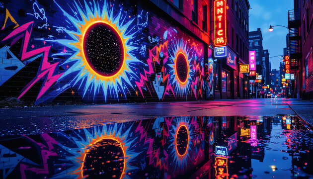 A vibrant, neon-lit cityscape at night showcases a striking mural of a cosmic sunburst reflected in a wet street, creating a mesmerizing visual spectacle. - Powered by Adobe