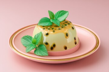 Panna Cotta Passion Fruit Dessert Pink Plate.