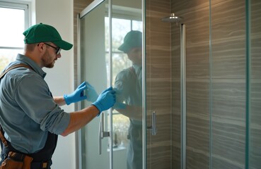 Plumber installs glass shower door in modern bathroom. Worker man in protective gloves sets up door. Construction, renovation, home improvement service, interior design.