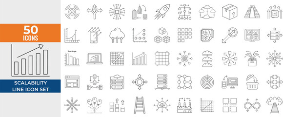 Scalability Line Icons Set – Outline Vector Pictograms for Scale, Resize, Stretch, Expand, Elasticity, Adaptability, Efficiency, and Growth