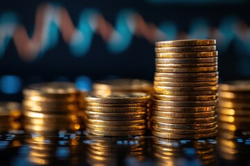 Financial growth illustrated through stacks of coins against a backdrop of rising graph lines showcasing market performance